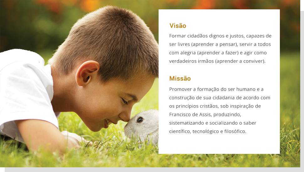 Imagem de um menino junto de um coelhinho, com as mensagens sobre a visão e a missão do Grupo